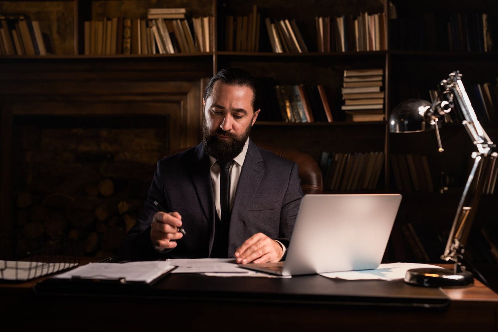 Lawyer reviewing documents at a desk